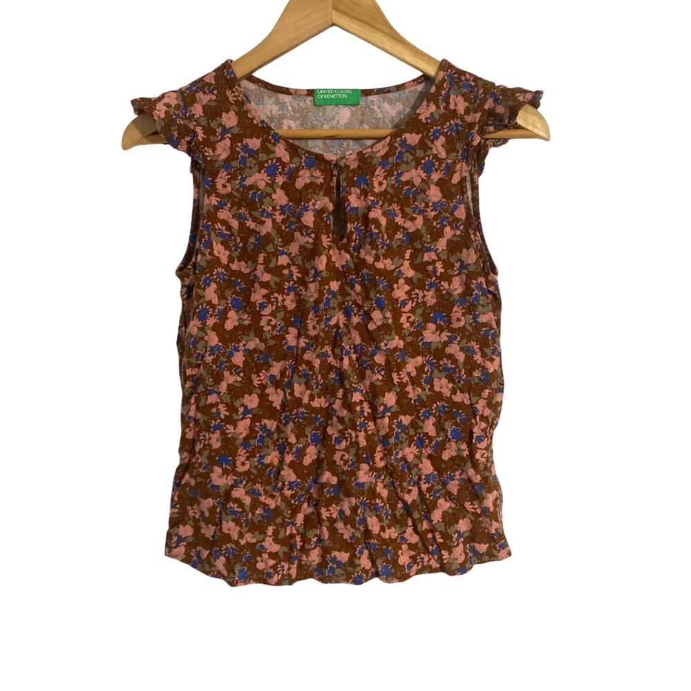 United Colors of Benetton flutter sleeve top women’s size XS brown floral